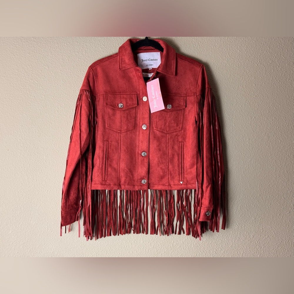 NWT JUICY COUTURE XS RUST ORANGE RED FRINGE TRUCKER JACKET - Picture 2 of 7
